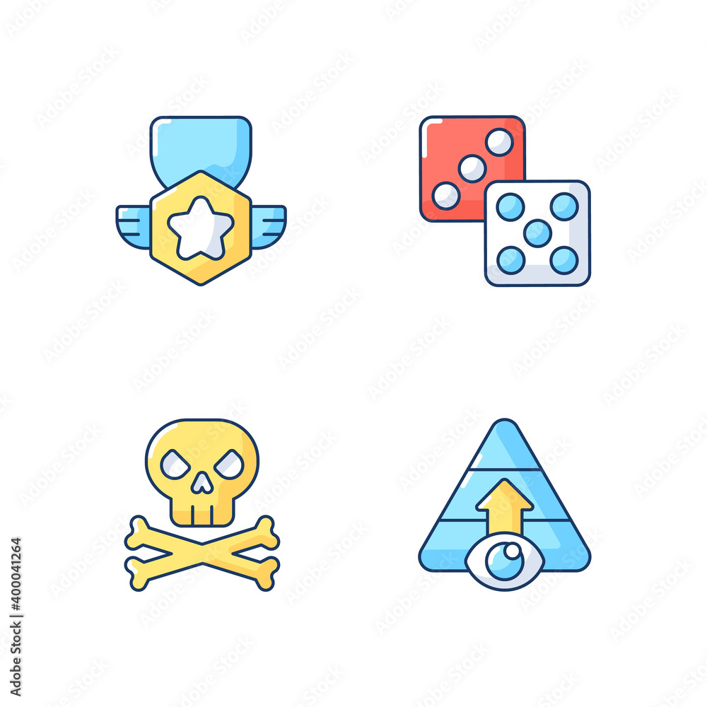 Aufkleber videogame menu rgb color icons set. board games, level selection, achievement and game over. differe