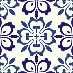 Vector ornamental seamless pattern in old ceramic azulejo style. Traditional oriental texture - obrazy, fototapety, plakaty