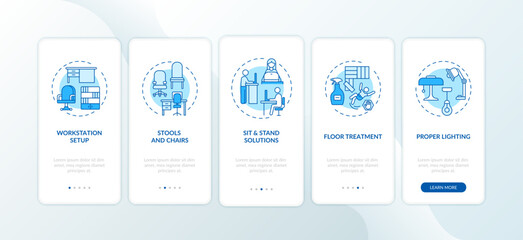 Workplace design onboarding mobile app page screen with concepts. Floor treatment, sit and stand solutions walkthrough 5 steps graphic instructions. UI vector template with RGB color illustrations