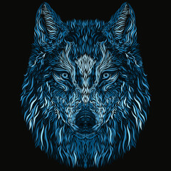mystical blue wolf with a flying bird between the eyes, from smooth lines