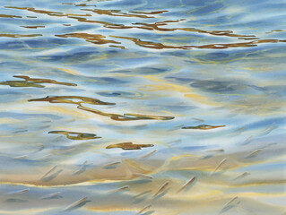 Sunny water with transparent waves watercolor background