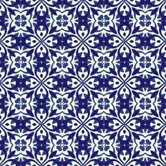Portuguese azulejo tile texture. Blue and white gorgeous seamless patterns.