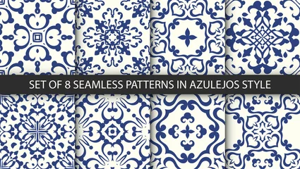 Gordijnen Set Indigo blauwe bloem azulejos Lissabon patronen. Vloertegel Oosterse spanje collectie naadloze texturen. Portugal geometrische keramiek. Vector arabeske texturen © kokoshka