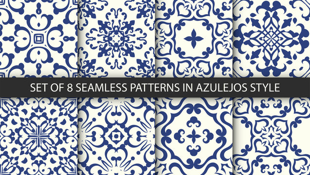 Set of Indigo blue flower azulejos lisbon patterns. Floor tile oriental spain collection seamless textures. Portugal geometric ceramics. Vector arabesque Textures