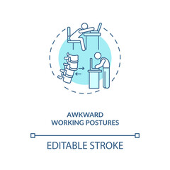 Awkward working postures concept icon. Ergonomic stressor idea thin line illustration. Bent, extended and flexed body positions. Vector isolated outline RGB color drawing. Editable stroke