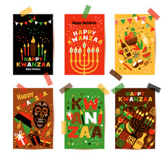 Banner set for Kwanzaa with traditional colored and candles representing the Seven Principles or Nguzo Saba.