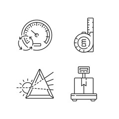 Measuring tools linear icons set. Pressure gauge. Retractable flexible rule. Prisma. Industrial scales. Customizable thin line contour symbols. Isolated vector outline illustrations. Editable stroke