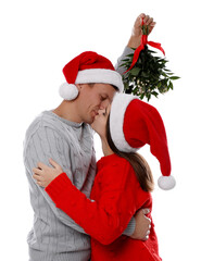 Happy couple kissing under mistletoe bunch on white background