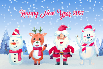 Watercolor New Year's card with Santa Claus, reindeer, snowman and polar bear standing on the snow. Mountain and snow background.