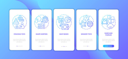 Baby toys dark blue onboarding mobile app page screen with concepts. Busy box. Early childhood development walkthrough 5 steps graphic instructions. UI vector template with RGB color illustrations