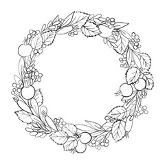 Beautiful floral wreath made of rosehip leaves and berries. Floral frame. Herbal vector illustration for cards, wedding, birthday, congratulations. Hand drawn decor. Black and white outline