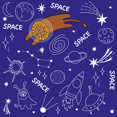 Blue background, flat design cosmos. Cute pattern with an astronaut lion, rocket, planets, flying saucer. Vector doodle, cartoon, set of space objects and symbols. Postcard, packaging, wallpaper.