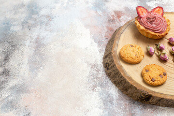 front view yummy creamy cakes with cookies on a light background sweet candy biscuit