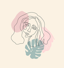 Beautiful girl. Continuous line drawing. Vector hand drawn artwork. Creative freehand style. Hugge home, house decor. Trendy 50s, 60s retro vintage. Spa salon logo. Beige, black, pink, green colors