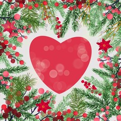 Christmas background in the form of a frame of fir branches and red winter berries, a large red heart in the center. Handmade watercolor drawing.