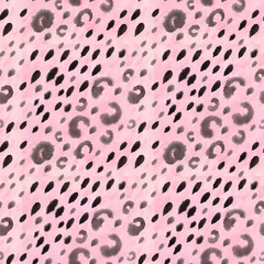 Black and gray spots on pale pink watercolor background, hand drawn print in cheetah style, seamless animal pattern