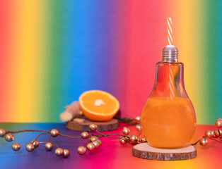 Natural orange juice in a glass lightbulb with striped orange and white straw, rosemary spice, cut ginger, half cut orange fruit, wooden coaster, rainbow base and background. Soft focus