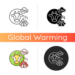 Farming livestock icon. People damaging earth atmosphere. Toxic waste killing whole planat. Global environment issue. Linear black and RGB color styles. Isolated vector illustrations