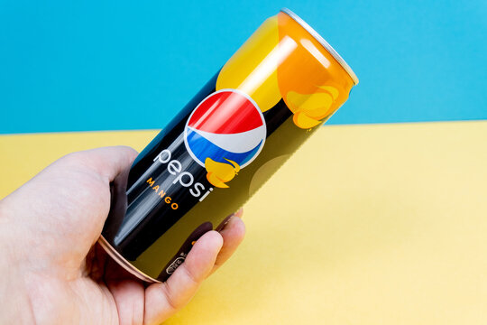 Tyumen, Russia-December 10, 2020: Pepsi Mango Can. A Chilled Refreshing Drink For Pleasure. Logo