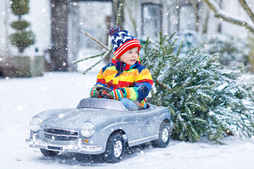 Cute little smiling kid boy driving vintage toy car with Christmas tree. Happy child in winter fashion clothes bringing hewed xmas tree from snowy forest. Family, tradition, holiday