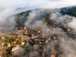 Aerial view of Viskyar Mountain covered with low clouds, Bulgaria