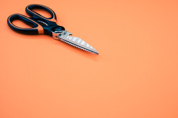 Closeup shot of scissors isolated on pink background. Cutting tool with zigzag blades, copy space