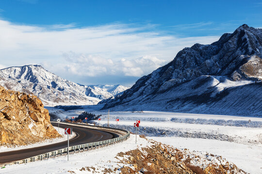 Chuyskiy trakt -  historical road in the Altai Republic in the winter. Russia