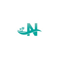 Letter N logo  coconut tree and water wave icon design