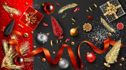 carte ou bandeau sur l'esprit de Noël et de Jour de l'an représenté par des cadeaux, sapin, branche de sapin, boule de Noël dans les tons rouge, noir et or sur un fond rouge et noir