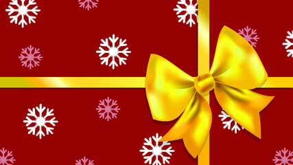 Yellow bow and red wrapping paper with white snowflakes. Festive gift wrapping for New Year and Christmas. Vector illustration.