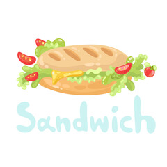 Sandwich clipart fastfood. Cartoon flat icon. Take away or lunch stock symbol. Classic french sandwich with butter, cheese, tomato, lettuce. Nutritious breakfast. Design element for menu, cafe, web.