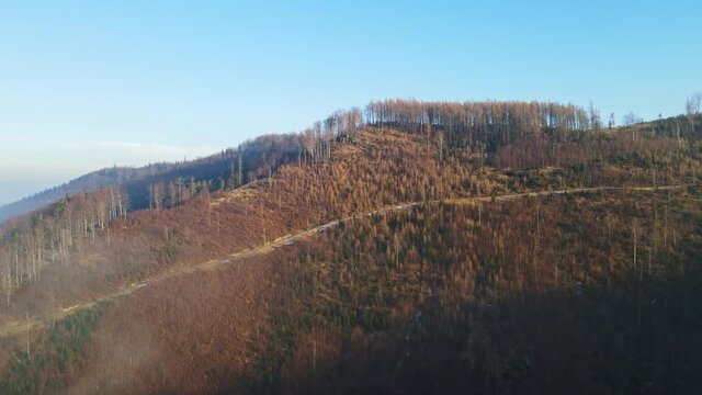 Aerial footage of Beskidy Mountains with Babia G&oacute;ra on horizon.