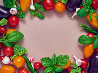 Frame of various  vegetables on background, top view. Frame of organic food with space for text.