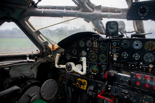 The cockpit of the Tu-114 aircraft. Retro airplane record holder. The Secretary General of the USSR Khrushchev flew on a similar plane. Kryvyi Rih Ukraine December 2020