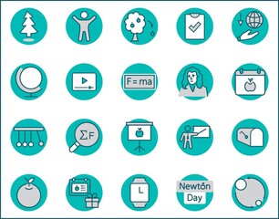 Newton's Day Set Line Vector Icon. Contains such Icons as Newton, Laws of physics and gravity, Flying Apple, Calendar, Teacher, blackboard and projector Editable Stroke. 32x32 Pixel Perfect