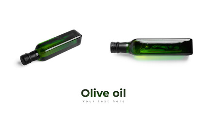 Olive oil in green bottle isolated on white background. Long header banner format. Panorama website header banner. High quality photo