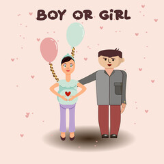 Pregnant woman with her husband at a party on the gender of the child. Baby gender reveal Announcement party.
Happy parents at the party. Vector illustration.
