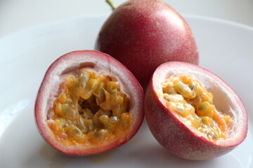 Fresh purple passion fruit. Maracuya. Tropical fruit	
