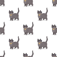 Seamless pattern with gray cat with glasses and gold chain. Suitable for backgrounds, cards, books, banners and prints. Vector