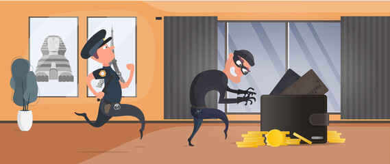 Burglar steals money from the house. A police officer detains a robber. Security concept, protection of personal finance. Vector illustration.