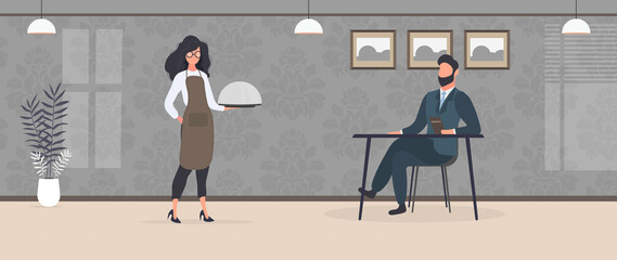 A man in a restaurant and a waiter in uniform. The girl brings the order. Cafe service concept. Vector