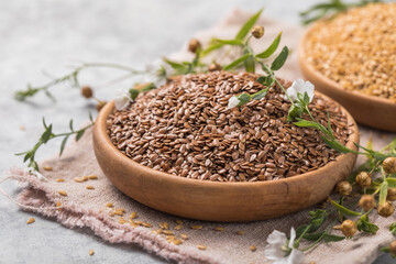 Brown linen seeds, flaxseed  flax flowers on gray background. Copy space