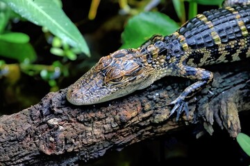 Young American alligator on a fallen branch up close. Alligator mississippiensis.
