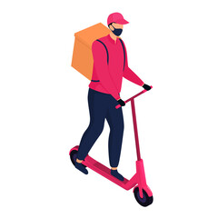 Isometric delivery man in a protective mask delivering parcels by a electric scooter