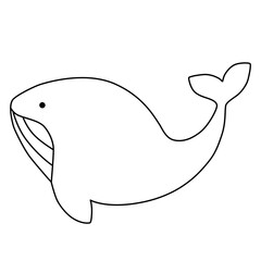 Black line art whale isolated on white background. Flat design for poster or t-shirt. Vector illustration