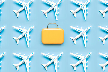 Geometric pattern made with airplane and suitcase.Holidays and travel concept