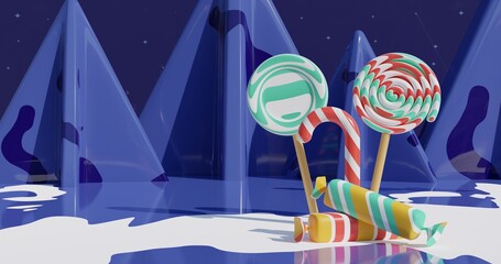 Inspiring image of the New Year 2021 attributes. Lollipops and  Candy. swirl lollipops. 3d rendered illustration in 4k. 2021 typography with snowflakes and snowy mountains on background.