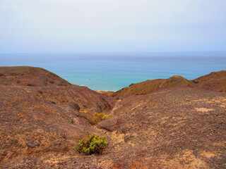 Reddish volcanic rock with arid vegetation and blue ocean in the background. Desert and extreme...