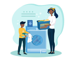 Mother teaches son how to wash clothes. Little kid helping mom doing domestic chores. Parent with kid loading clothes in modern washing machine. Flat cartoon vector illustration