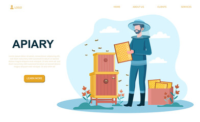 Male beekeeper at the apiary holding barrel with honey. Man collecting honey kept in barrels with bees flying around him. Website, web page, landin page template. Cartoon flat vector illustration